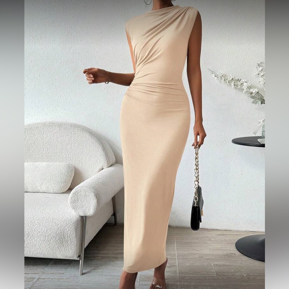 Elegant Apricot Sleeveless Draped Bodycon Maxi Dress